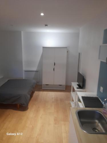 - une cuisine avec un lit et un évier dans la chambre dans l'établissement Appartement indépendant Broceliande, à Saint-Thurial