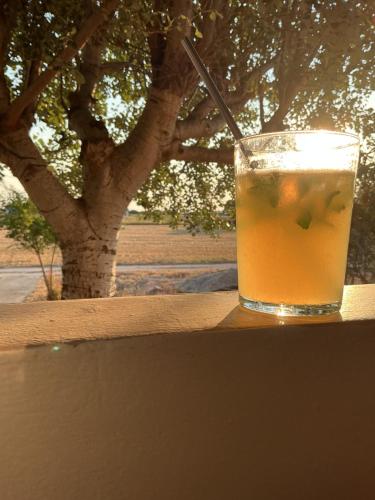 a glass of drink sitting on a table at Kamara Apartments Marmari in Marmari