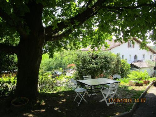 une table et des chaises sous un arbre dans une cour dans l'établissement Appartement Bigarena, à Hendaye