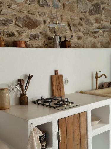 Il comprend une cuisine avec une cuisinière et un mur en pierre. dans l'établissement Mediterranean Suite in Ardèche, à Saint-Georges-les-Bains