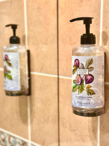 two bottles of soap on the wall of a bathroom at Best Western Hotel Ile de France in Château-Thierry