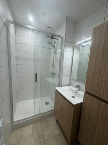 une salle de bain blanche avec une douche et un lavabo dans l'établissement Lovely villa with pool in Arles, à Arles