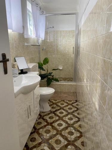 un bagno con lavandino, wc e doccia di Rio Rita Ocean View Apartments a Batemans Bay