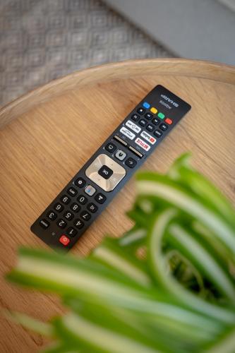 a remote control sitting on top of a wooden table at KopfRausch Appartements in Feldkirch
