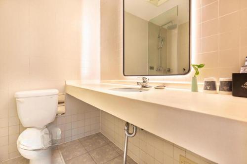 a bathroom with a toilet and a sink with a mirror at Jinjiang Inn Jinhua Binhong Road in Jinhua