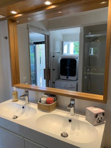 La salle de bains est pourvue d'un miroir, d'un lavabo et d'une télévision. dans l'établissement Douillet chic flat & SPA en Provence, à Ventabren