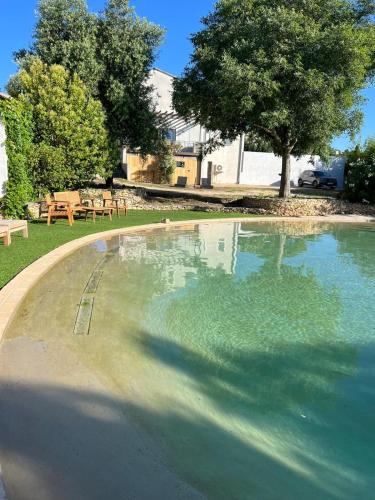 un grand bassin d'eau dans une cour avec un arbre dans l'établissement Villa 6 Pers Uzes piscine lagon et vue garrigue, à Saint-Maximin