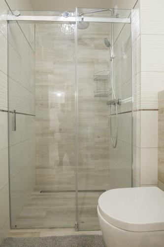 a bathroom with a glass shower with a toilet at Rezydencja Wrocław Legnicka in Wrocław
