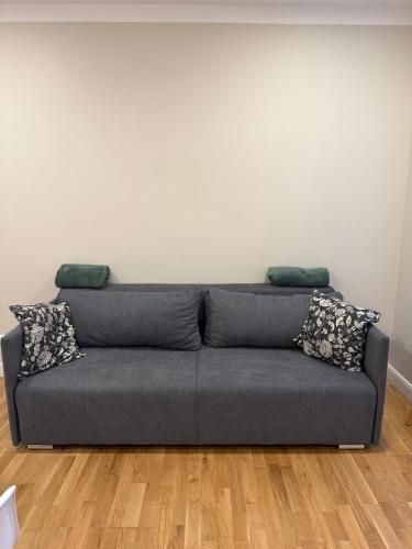 a couch with two pillows on top of it at Pine cone cozy apartment in Riga