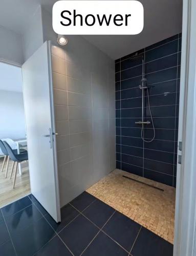 une salle de bain avec douche aux carreaux bleus dans l'établissement Le Courant - 3 Chambres avec une vue imprenable, à Mimizan-Plage