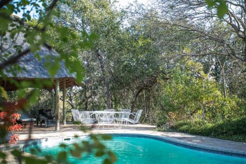 a table and chairs next to a swimming pool at Tshukudu Bush Camp 