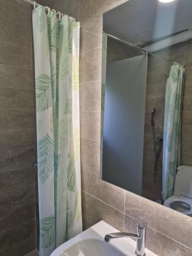 a bathroom with a sink and a shower curtain at Golden Bay Apartment in Kotor