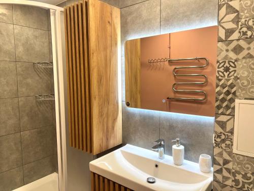 a bathroom with a sink and a shower and a mirror at SORD apartment in Liepāja