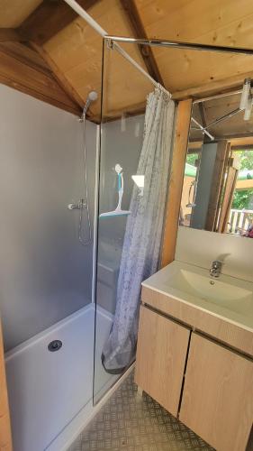 une salle de bain avec douche et lavabo dans l'établissement Camping La Fritillaire, à Savigny-en-véron
