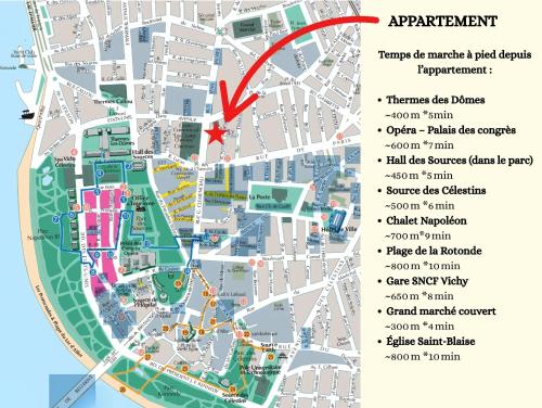 a map of the city of amsterdam with a red arrow at VENI VEDI VICHY climatisé, 50m2 coeur de ville in Vichy