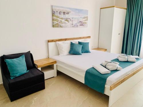 Ένα ή περισσότερα κρεβάτια σε δωμάτιο στο BAMBOO BEACH STUDIO- Sozopol