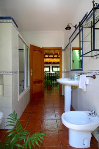 a bathroom with a sink and a toilet and a mirror at LA SERRERÍA in Galaroza