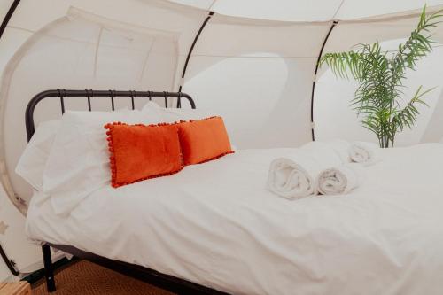 a bed with white sheets and orange pillows at Bamburgh Under Canvas in Bamburgh