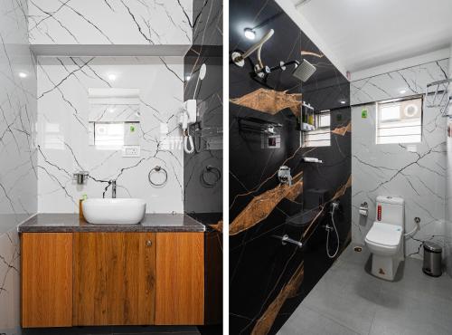 two pictures of a bathroom with a sink and a toilet at Elmas Suites Bellandur in Bengaluru