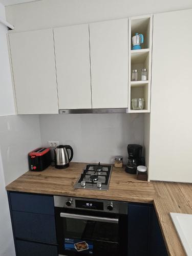 a kitchen with white cabinets and a stove top oven at Silvery Studio 22 in Rădăuţi