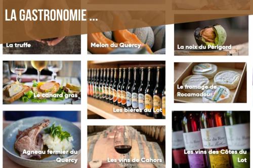 a collage of pictures of different types of food and wine at Dans la Cité de Rocamadour L'Oustal de Beline in Rocamadour