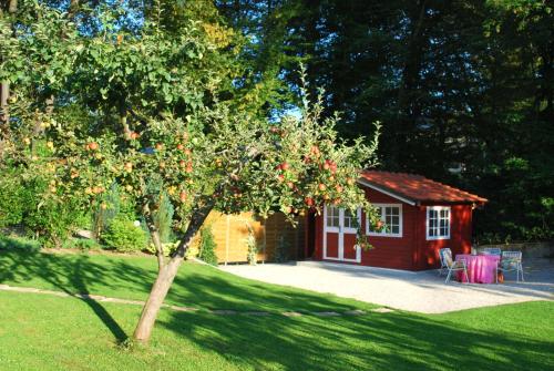 a red shed with a tree in a yard at Haus Elisabeth, Appartements in Krumpendorf am Wörthersee
