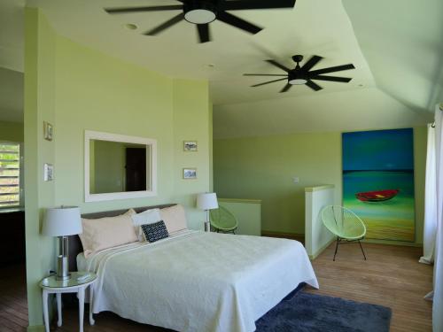 a bedroom with a bed and a ceiling fan at Villa Luminara- Lux Pool, Garden, Retreat & Beach in Oyster Pond
