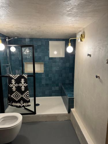 a bathroom with a shower and a toilet and a sink at Au bon vivre l'appartement in Saint-Guiraud