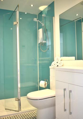 a bathroom with a toilet and a glass shower at Open Plan Dog Friendly Annexe Sleeping 2 I Near Local Beaches & Chichester with FREE Parking in Donnington