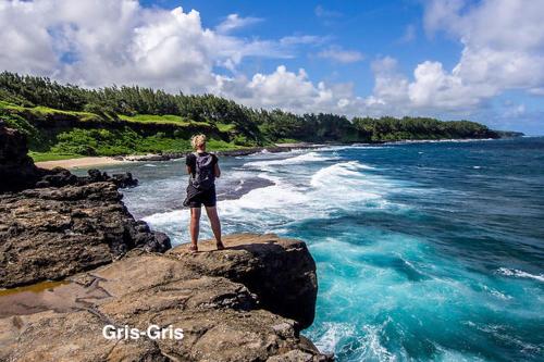 a woman standing on a rock near the ocean at MAISON AGREABLE pour 3 personnes in Surinam