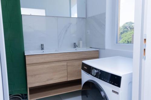 une salle de bain avec une machine à laver et un lavabo dans l'établissement Spacieux appartement 3 pièces 3 SDE, proche mer, à Nice