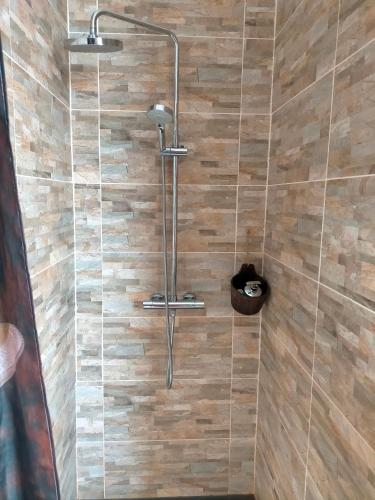 une douche dans une salle de bain avec un mur en bois dans l'établissement Jadis sous la gloriette, à Sancoins