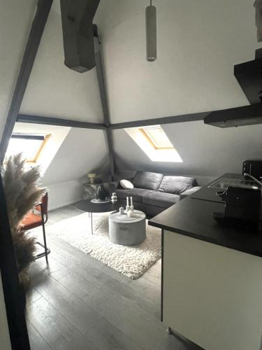 un salon avec un canapé et une table dans l'établissement Cozy and central in Rouen, à Rouen