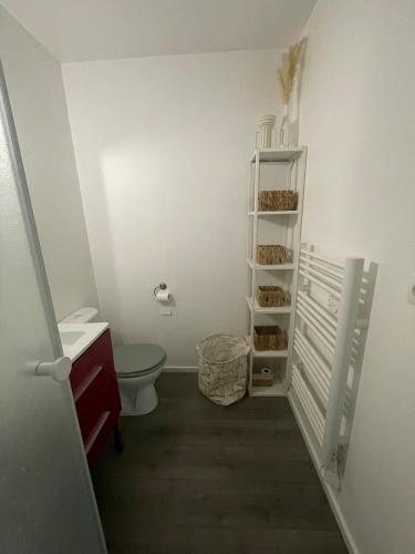 une salle de bains blanche avec des toilettes et une étagère. dans l'établissement Cozy and central in Rouen, à Rouen