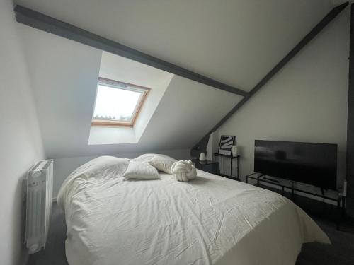 - une chambre avec un lit, une fenêtre et une télévision dans l'établissement Cozy and central in Rouen, à Rouen