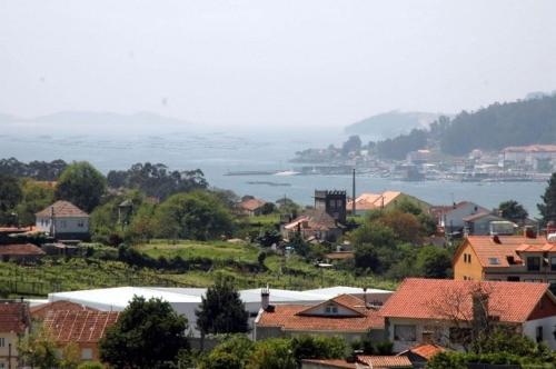 a town with houses and a body of water at Hotel Liñares in Poio