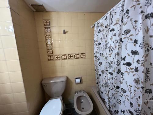 a small bathroom with a toilet and a shower curtain at Maipu Apartment Studio in Buenos Aires