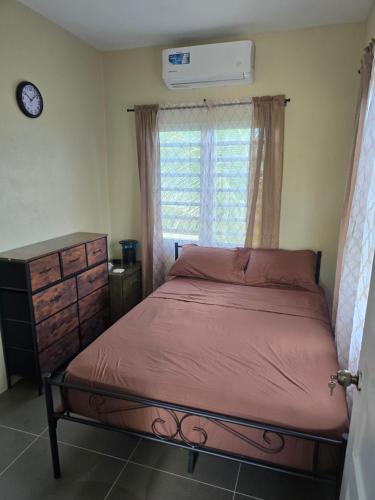 a bedroom with a bed with a dresser and a window at Tiny Bliss Apartments in Potters Village