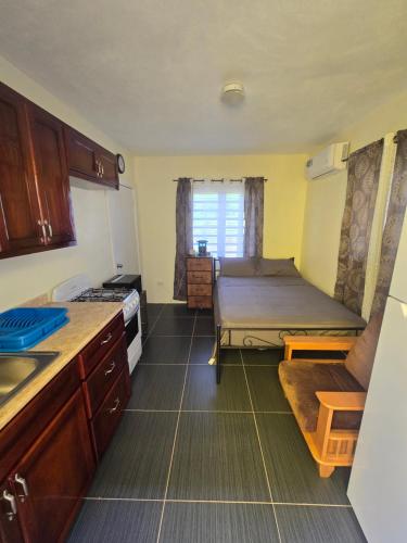 a small room with a bed and a kitchen at Tiny Bliss Apartments in Potters Village