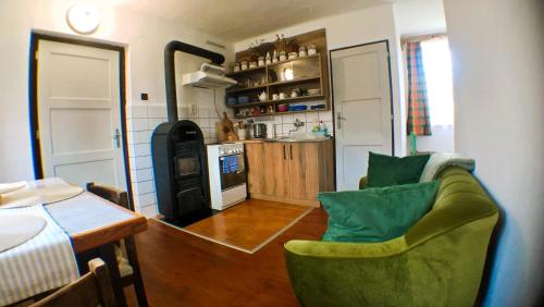 a living room with a green chair and a kitchen at Chalupa Pod Drábskými světničkami in Mnichovo Hradiště