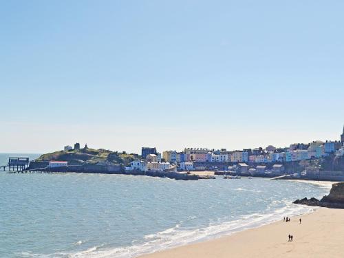 a view of a beach with blue buildings and the ocean at Shepherds Lodge in Lamphey