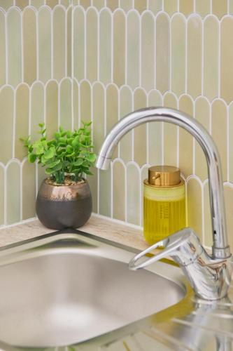 a sink with a faucet and a plant on a shelf at Pateo do Tempo in Carcavelos