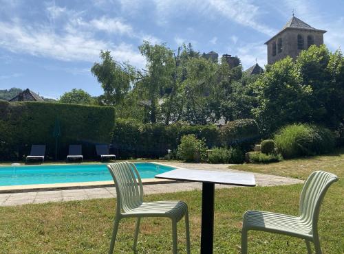 - deux chaises et une table à côté de la piscine dans l'établissement Logis Hôtel Restaurant L'Auberge du Chateau, à Muret-le-Château