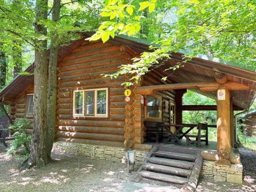 a log cabin in the woods with a porch at Hotel Doi Haiduci in Orhei