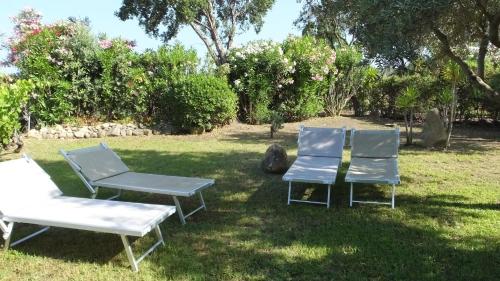 a couple of chairs sitting in the grass at Hotel Rurale Orti di Nora & SPA in Santa Margherita di Pula