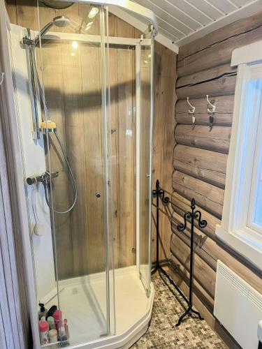 a shower with a glass enclosure in a bathroom at Cozy, Magical Mountain Cabin With Trails in Etnedal