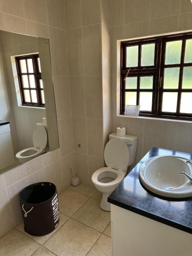 a bathroom with a sink and a toilet and a mirror at A boutique lodge situated in a serene environment - 2026 in Harare