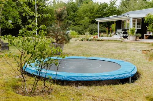 a blue trampoline in the yard of a house at Renovated House With Charm And Outdoor Shower in Hals