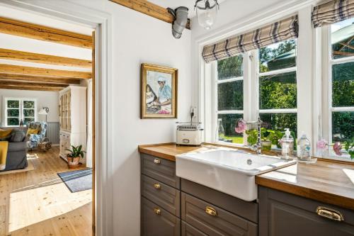 LjungbyhedにあるClassic Home In Peaceful Oasisのキッチン(シンク付)、窓2つが備わります。