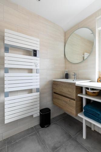 une salle de bain avec un lavabo et un miroir dans l'établissement Appartement a proximité de Strasbourg, à La Wantzenau